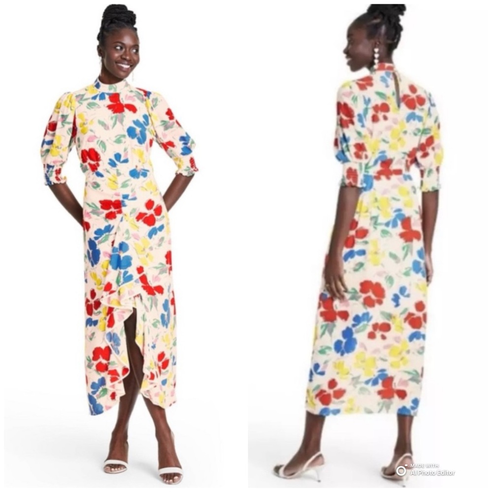 Rixo Feminine & Flirty Floral Puff Sleeve Maxi Dress Size 8 Ivory Red Blue NWT - Picture 7 of 17